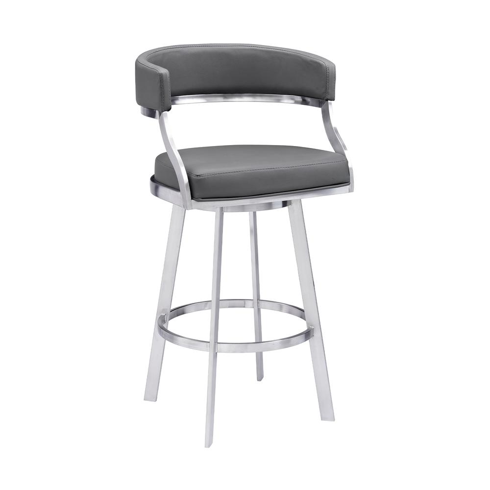 Contemporary 26" Counter Height Barstool - Brushed Stainless Steel Finish - Grey Faux Leather. Picture 1