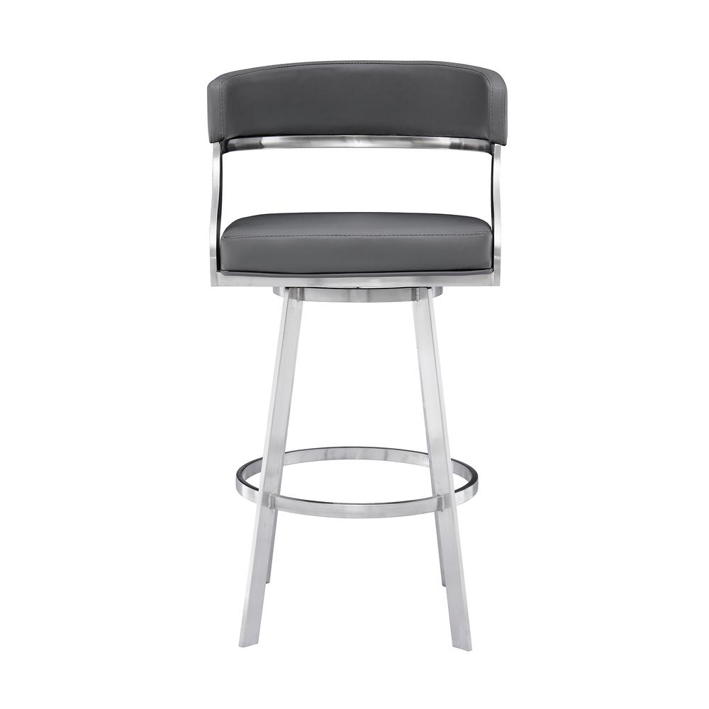 Contemporary 26" Counter Height Barstool - Brushed Stainless Steel Finish - Grey Faux Leather. Picture 2