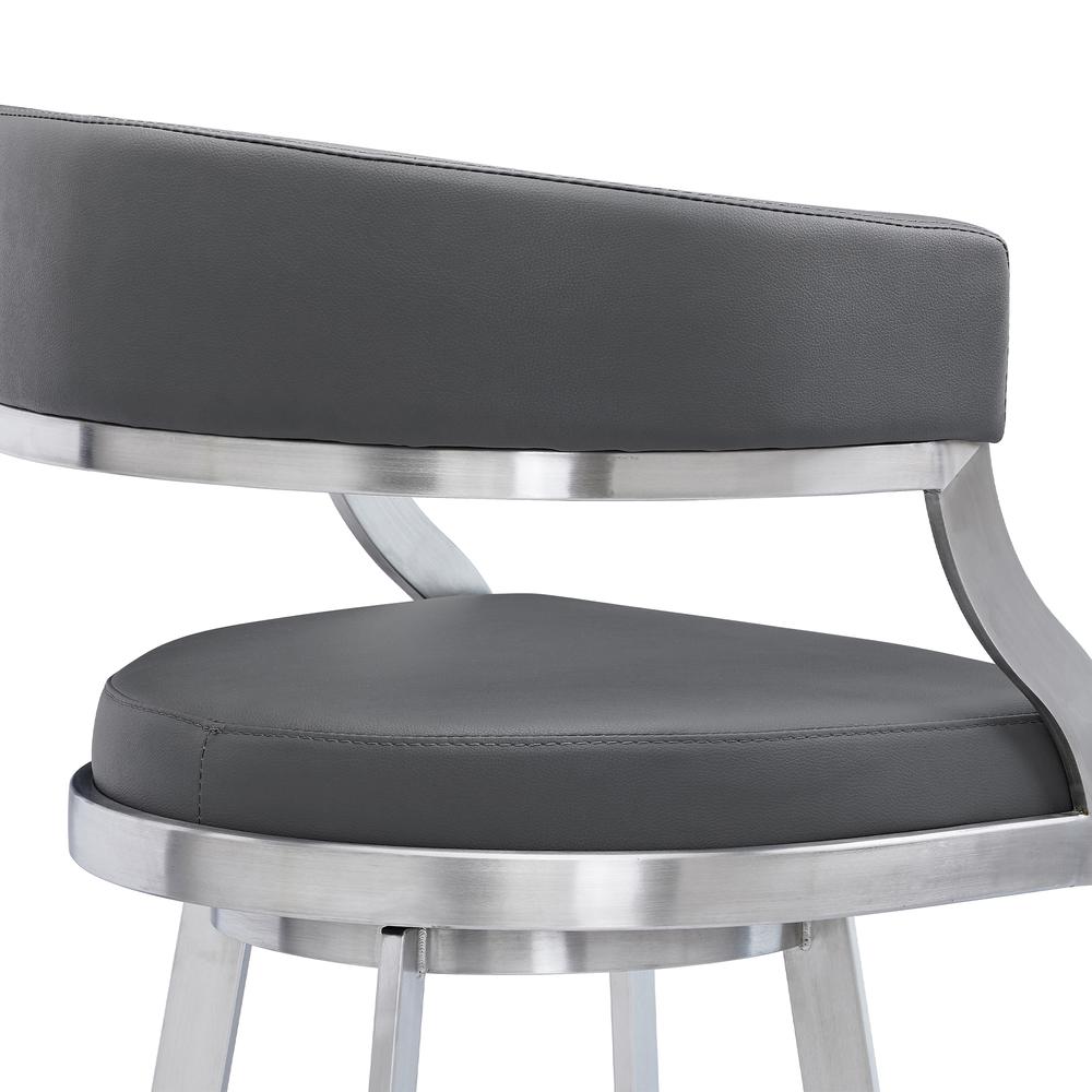 Saturn Contemporary 26" Counter Height Barstool in Brushed Stainless Steel Finish and Grey Faux Leather. Picture 5