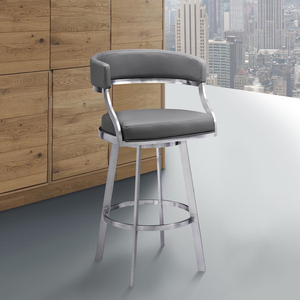 Contemporary 26" Counter Height Barstool - Brushed Stainless Steel Finish - Grey Faux Leather. Picture 8