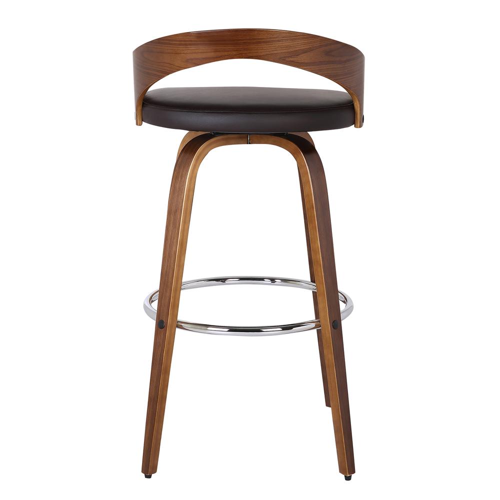 Armen Living Sonia 30" Bar Height Barstool in Walnut Wood Finish with Brown Faux Leather. Picture 2