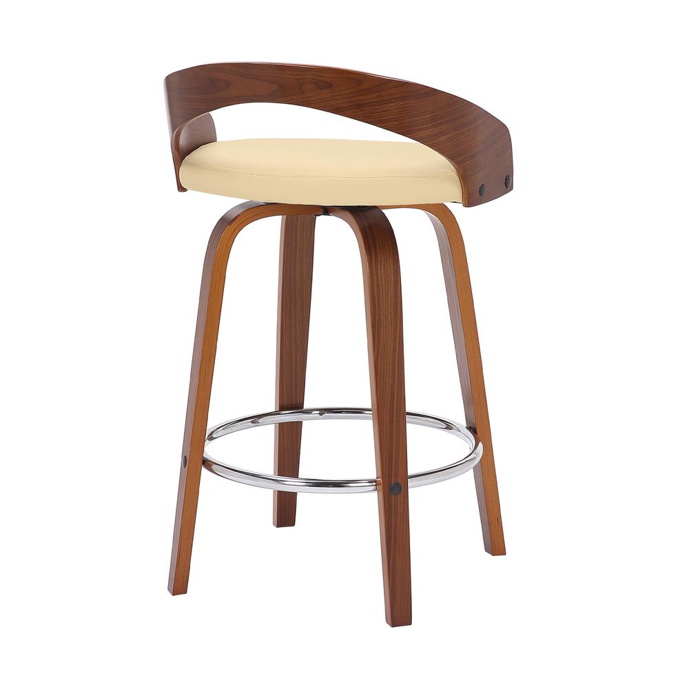 Sonia 26" Counter Height Swivel Cream Faux Leather and Walnut Wood Bar Stool. Picture 4