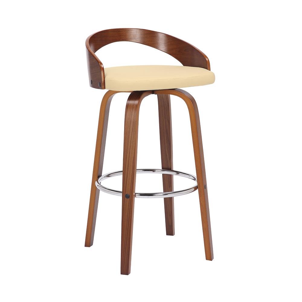 Sonia 30" Bar Height Swivel Cream Faux Leather and Walnut Wood Bar Stool. The main picture.