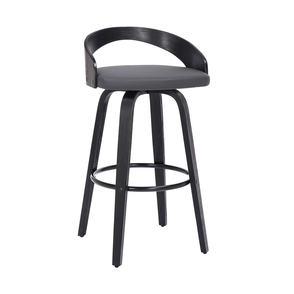 Sonia 26" Counter Height Swivel Grey Faux Leather and Black Wood Bar Stool. Picture 1