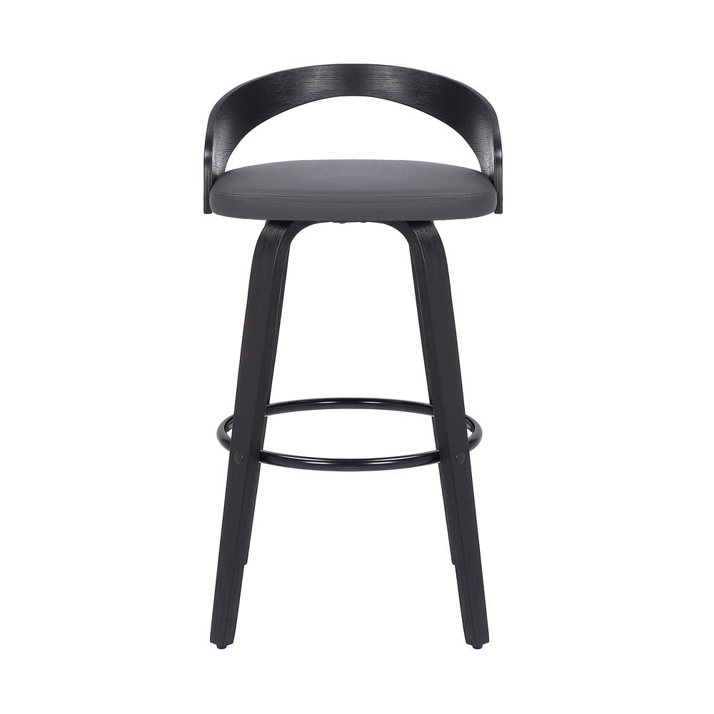 Sonia 26" Counter Height Swivel Grey Faux Leather and Black Wood Bar Stool. Picture 2