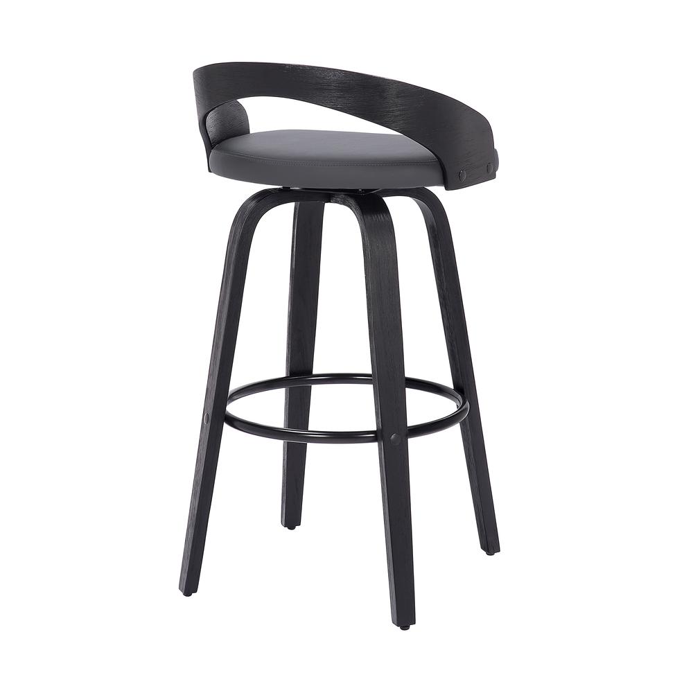 Sonia 26" Counter Height Swivel Grey Faux Leather and Black Wood Bar Stool. Picture 4