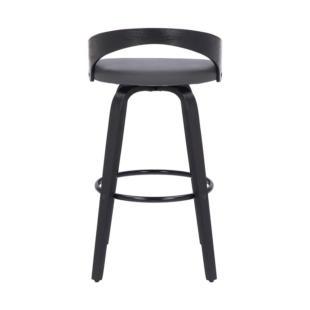 Sonia 26" Counter Height Swivel Grey Faux Leather and Black Wood Bar Stool. Picture 5