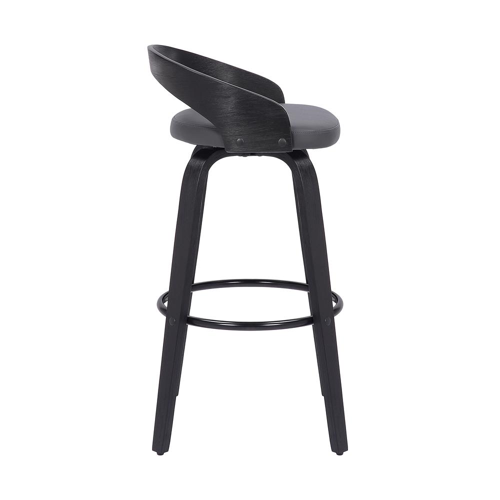 Sonia 30" Bar Height Swivel Grey Faux Leather and Black Wood Bar Stool. Picture 3