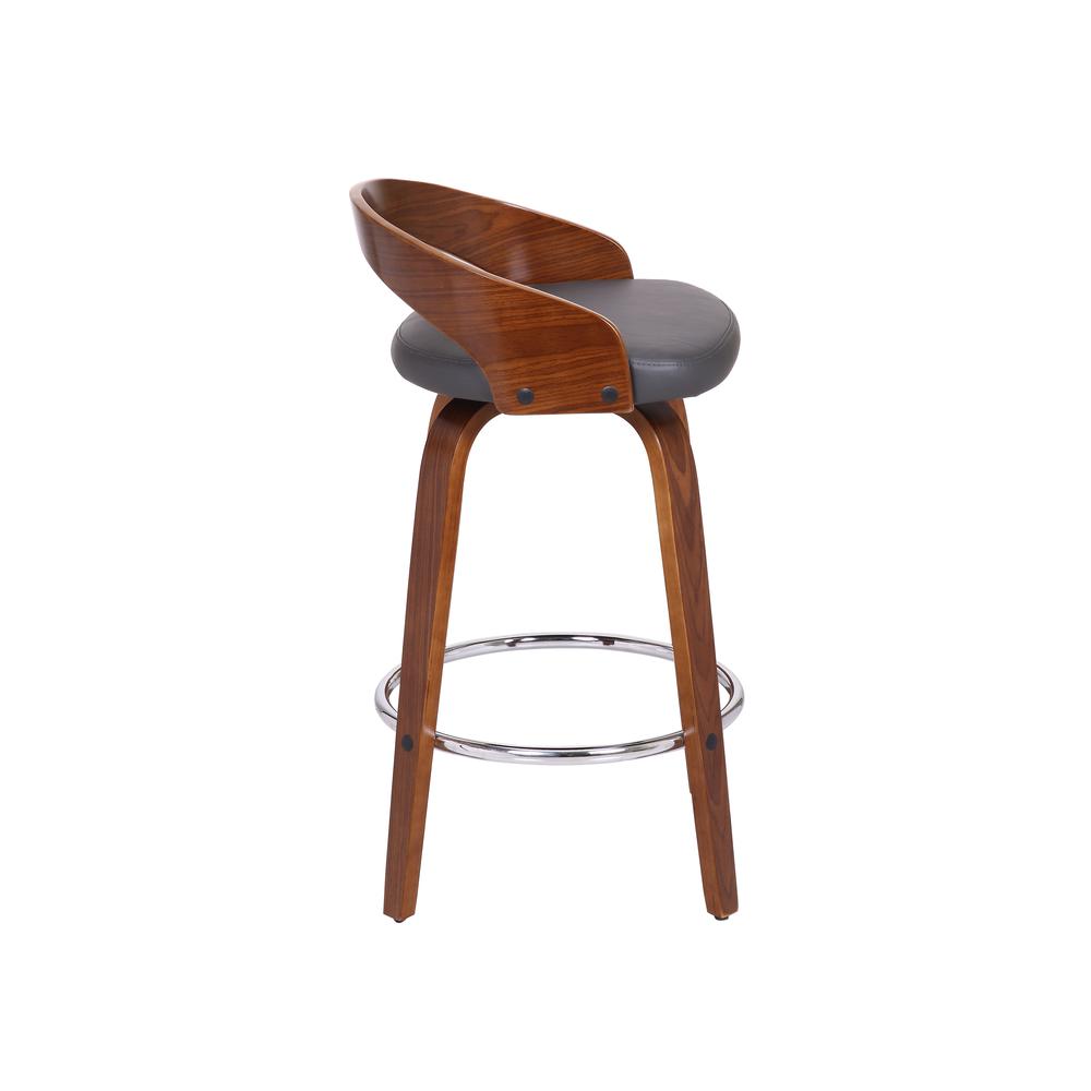 Sonia 26" Counter Height Barstool in Walnut Wood Finish with Gray Faux Leather. Picture 3
