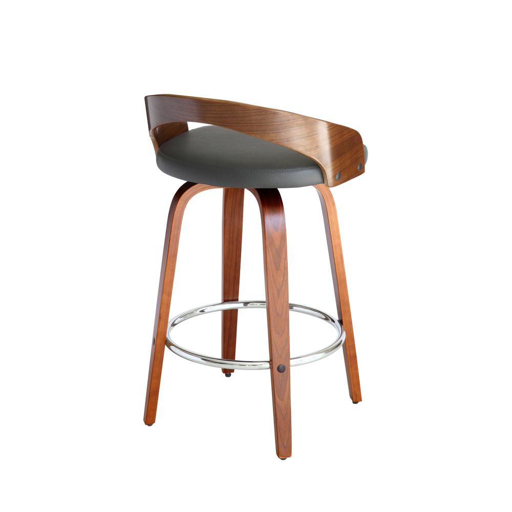 Sonia 26" Counter Height Barstool in Walnut Wood Finish with Gray Faux Leather. Picture 4