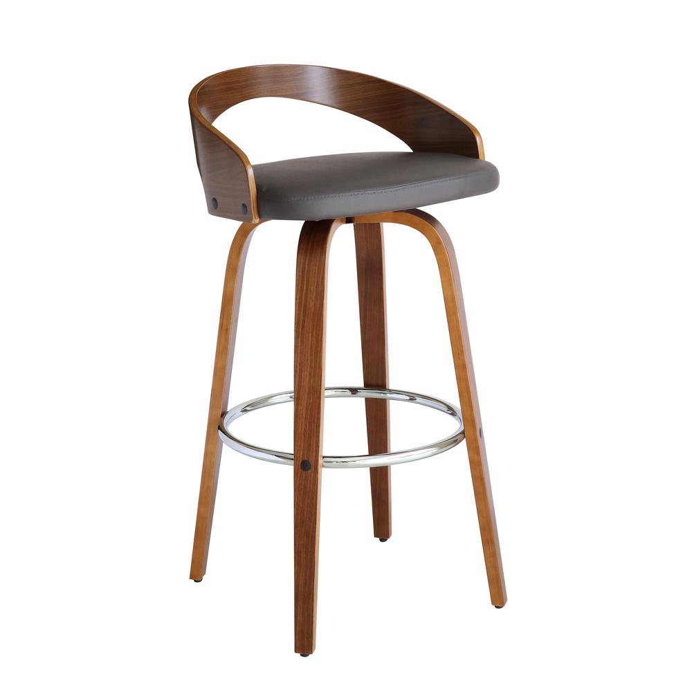 Sonia 30" Bar Height Barstool in Walnut Wood Finish with Gray Faux Leather. Picture 1