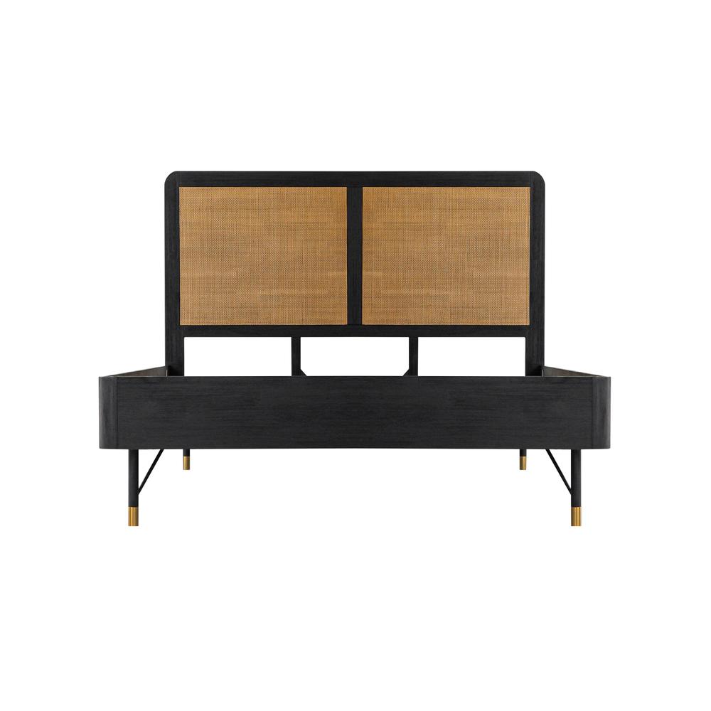 Saratoga Queen Platform Frame Bed in Black Acacia with Rattan Headboard. Picture 1