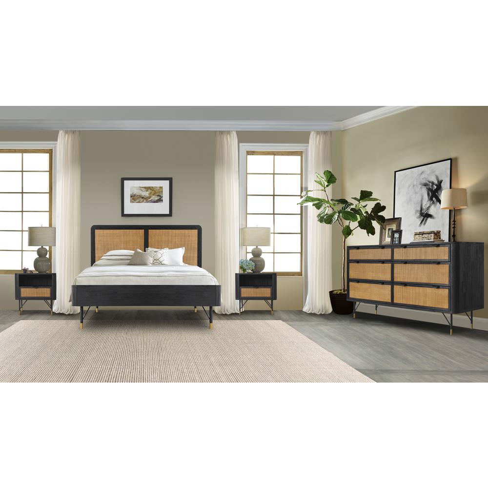 Saratoga Queen Platform Frame Bed in Black Acacia with Rattan Headboard. Picture 6