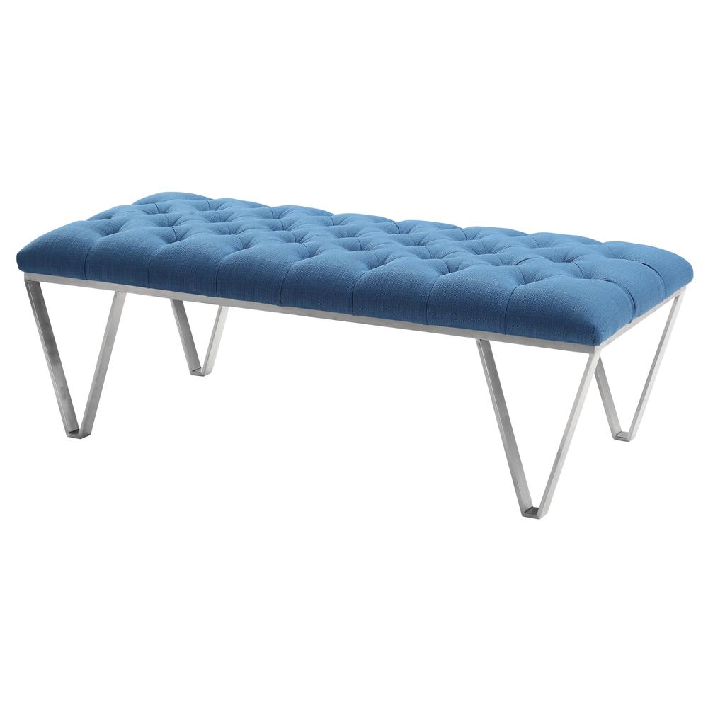 Armen Living Serene Contemporary Tufted Bench in Brushed Stainless Steel with Blue Fabric. Picture 1