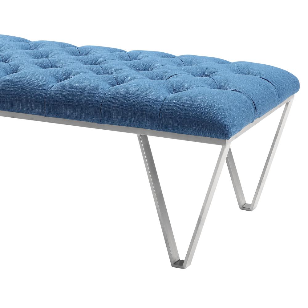 Armen Living Serene Contemporary Tufted Bench in Brushed Stainless Steel with Blue Fabric. Picture 2