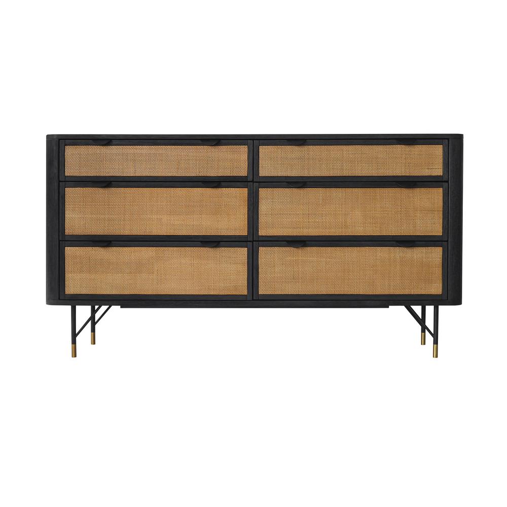 Saratoga 6 Drawer Dresser in Black Acacia with Rattan. Picture 1