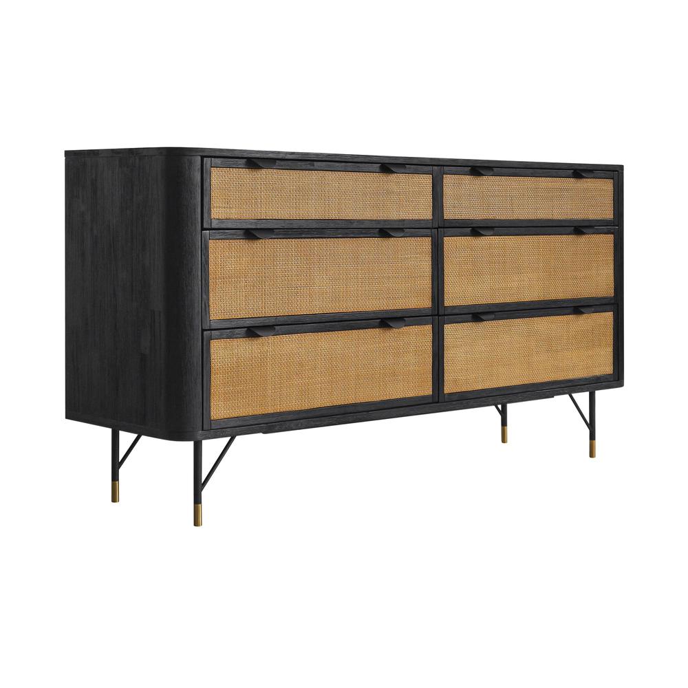 Saratoga 6 Drawer Dresser in Black Acacia with Rattan. Picture 2