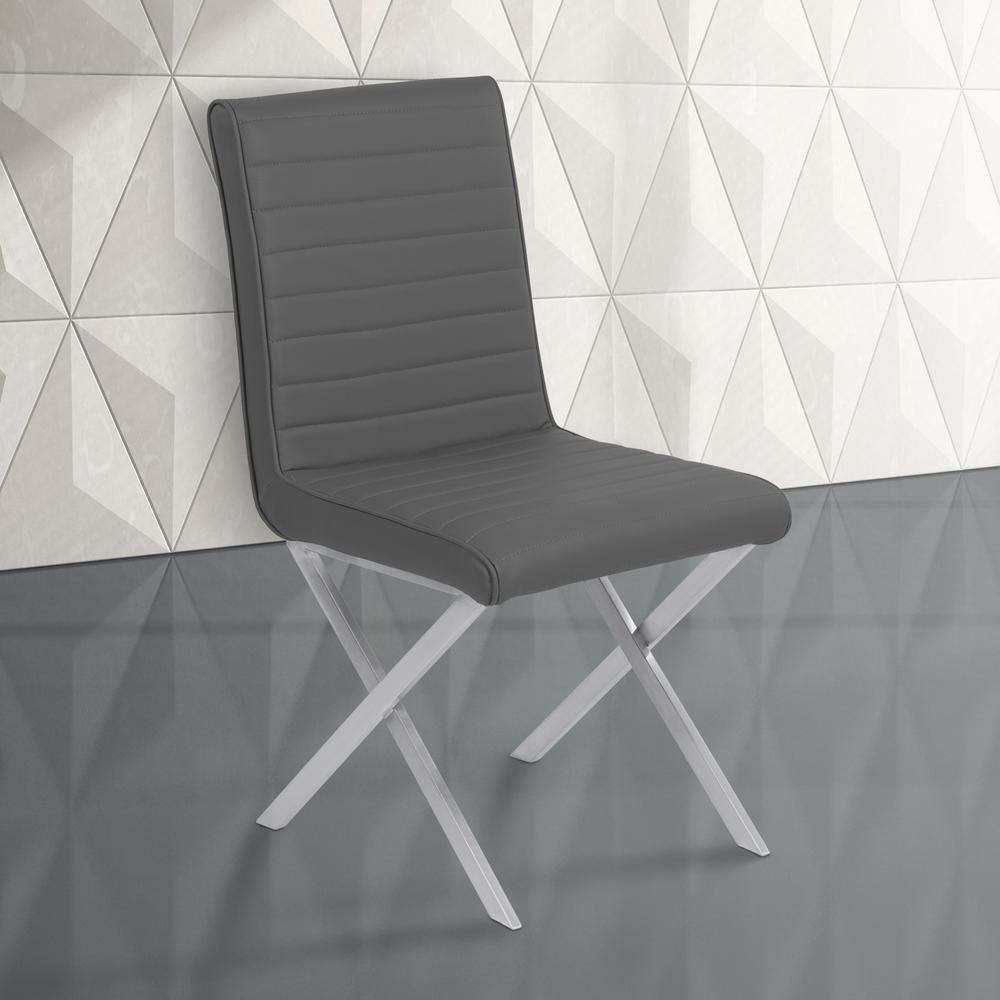 Contemporary Dining Chair in Gray Faux Leather - Brushed Stainless Steel Finish Set of 2. Picture 7