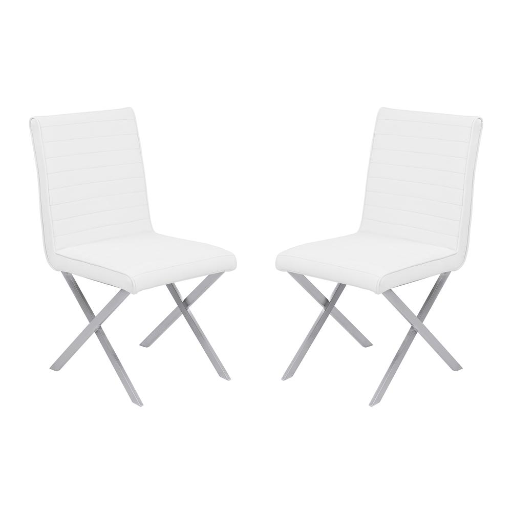 Armen Living Tempe Contemporary Dining Chair in White Faux Leather with Brushed Stainless Steel Finish - Set of 2. The main picture.