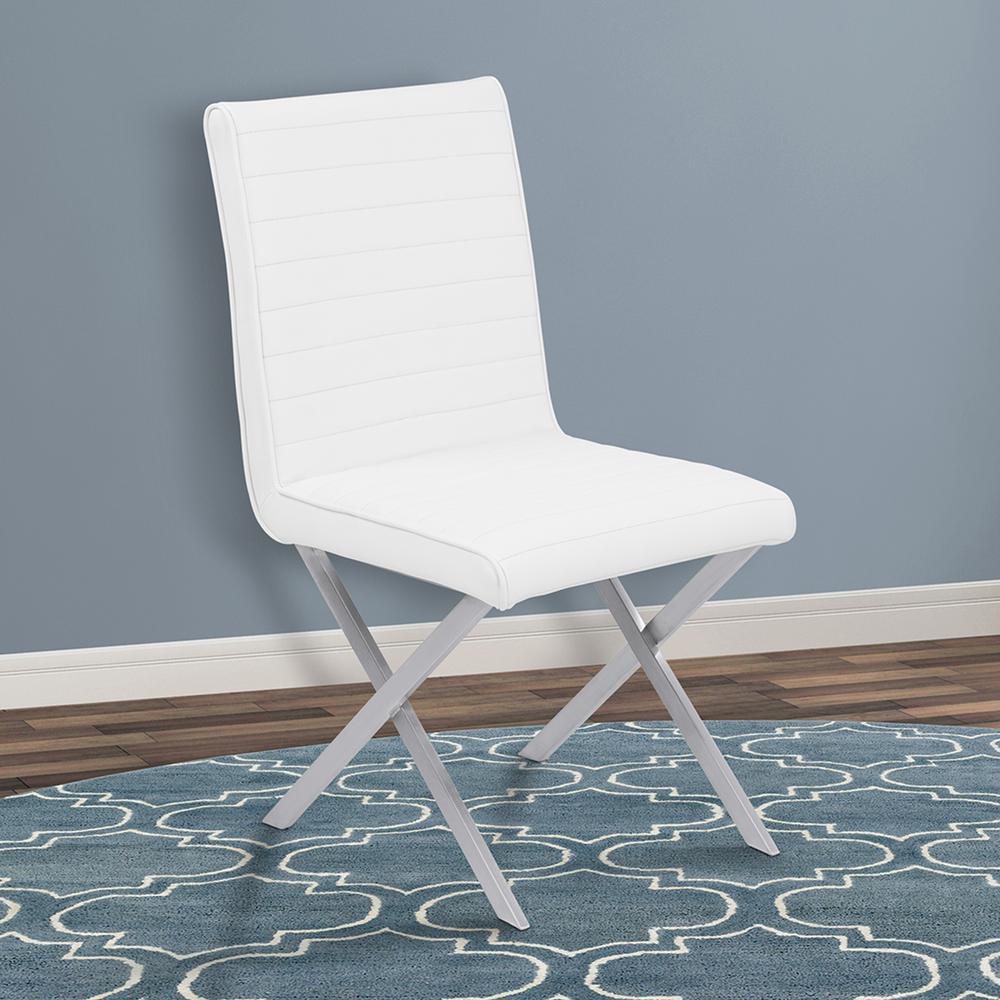 Contemporary Dining Chair in White Faux Leather with Brushed Stainless Steel Finish Set of 2. Picture 7