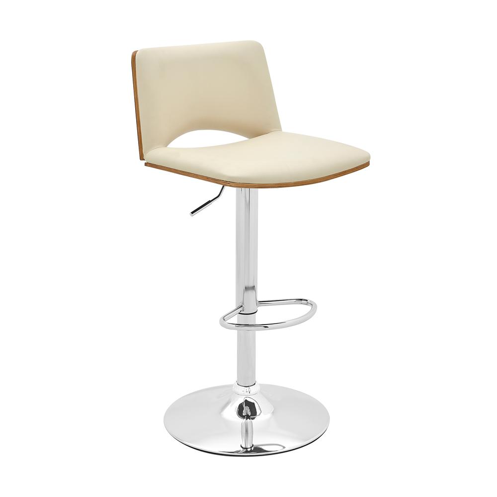 Thierry Adjustable Swivel Cream Faux Leather with Walnut Back and Chrome Bar Stool. Picture 1