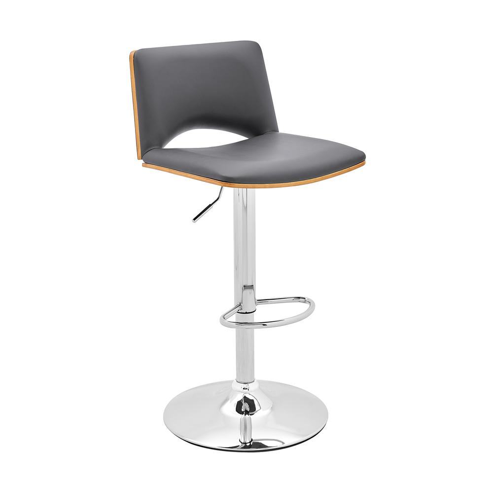 Thierry Adjustable Swivel Gray Faux Leather with Walnut Back and Chrome Bar Stool. Picture 1