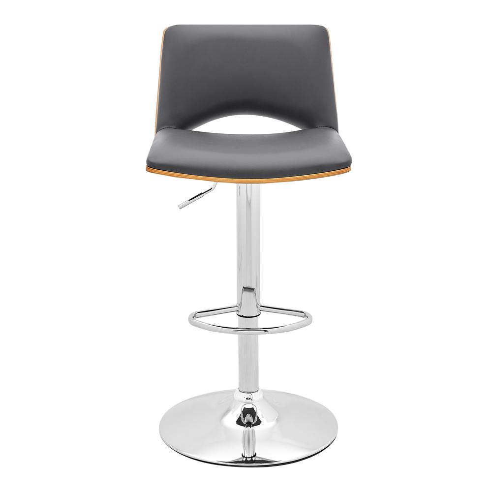 Thierry Adjustable Swivel Gray Faux Leather with Walnut Back and Chrome Bar Stool. Picture 2
