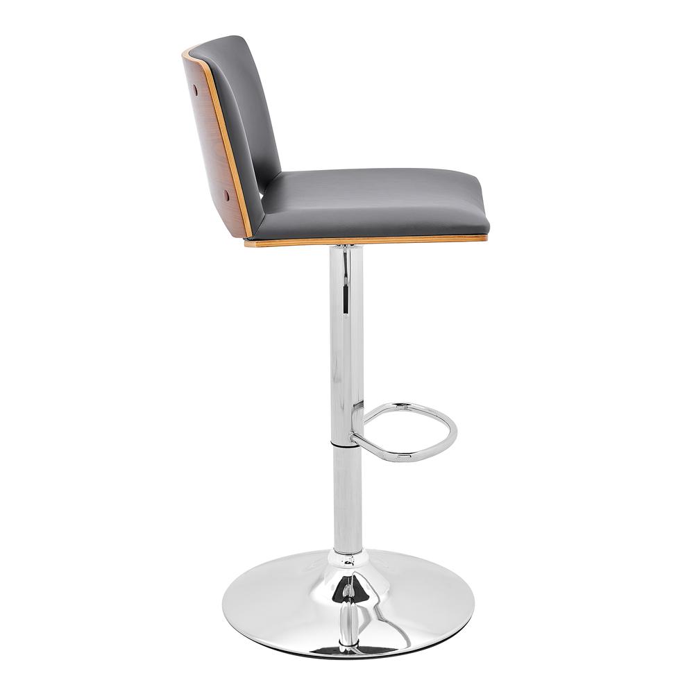 Thierry Adjustable Swivel Gray Faux Leather with Walnut Back and Chrome Bar Stool. Picture 3