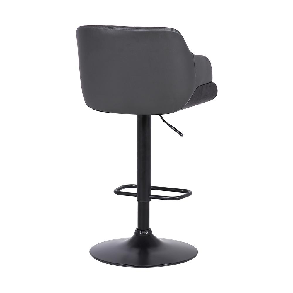 Contemporary Adjustable Barstool in Black Powder Coated Finish with Grey Faux Leather and Black Brushed Wood Finish. Picture 4