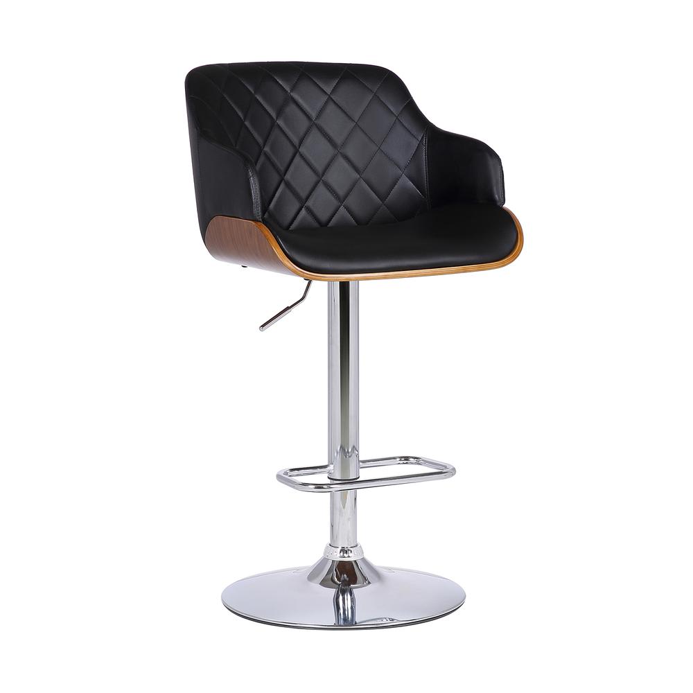 Contemporary Adjustable Barstool in Chrome Finish with Black Faux Leather and Walnut Finish. Picture 1