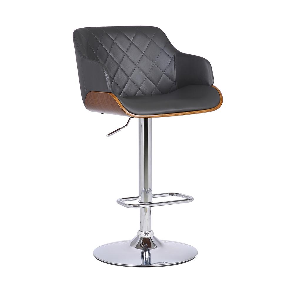 Toby Contemporary Adjustable Barstool in Chrome Finish with Grey Faux Leather and Walnut Finish. Picture 1