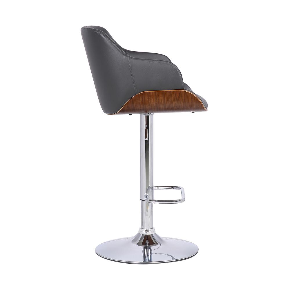 Toby Contemporary Adjustable Barstool in Chrome Finish with Grey Faux Leather and Walnut Finish. Picture 3