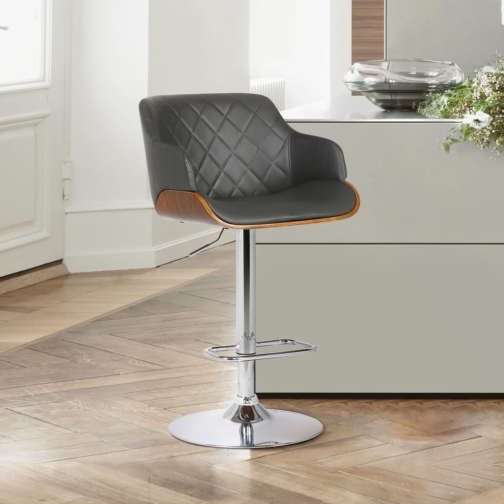 Contemporary Adjustable Barstool in Chrome Finish with Grey Faux Leather and Walnut Finish. Picture 6