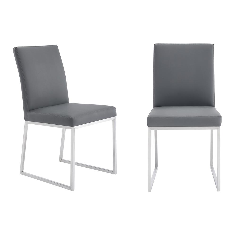 Trevor Contemporary Dining Chair in Brushed Stainless Steel and Grey Faux Leather - Set of 2. Picture 1