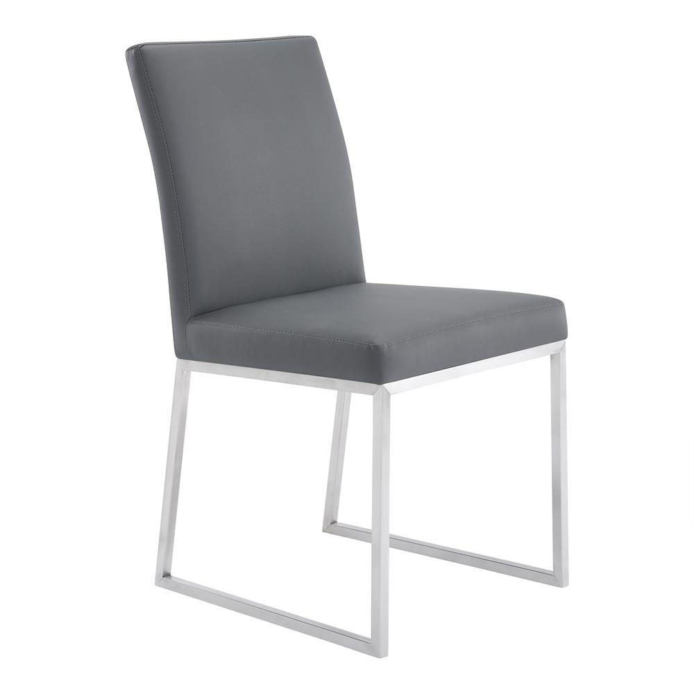 Trevor Contemporary Dining Chair in Brushed Stainless Steel and Grey Faux Leather - Set of 2. Picture 2