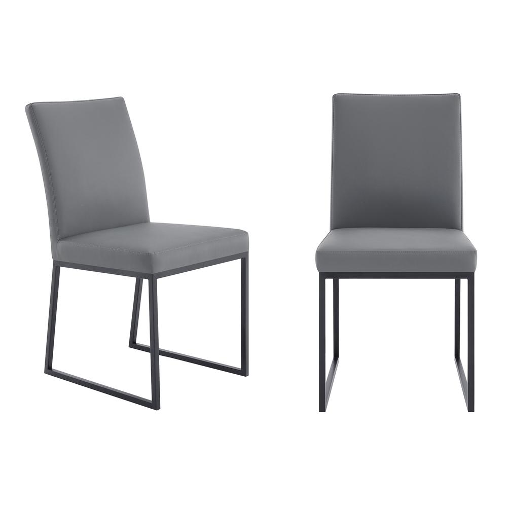 Trevor Contemporary Dining Chair in Matte Black Finish and Grey Faux Leather - Set of 2. Picture 1