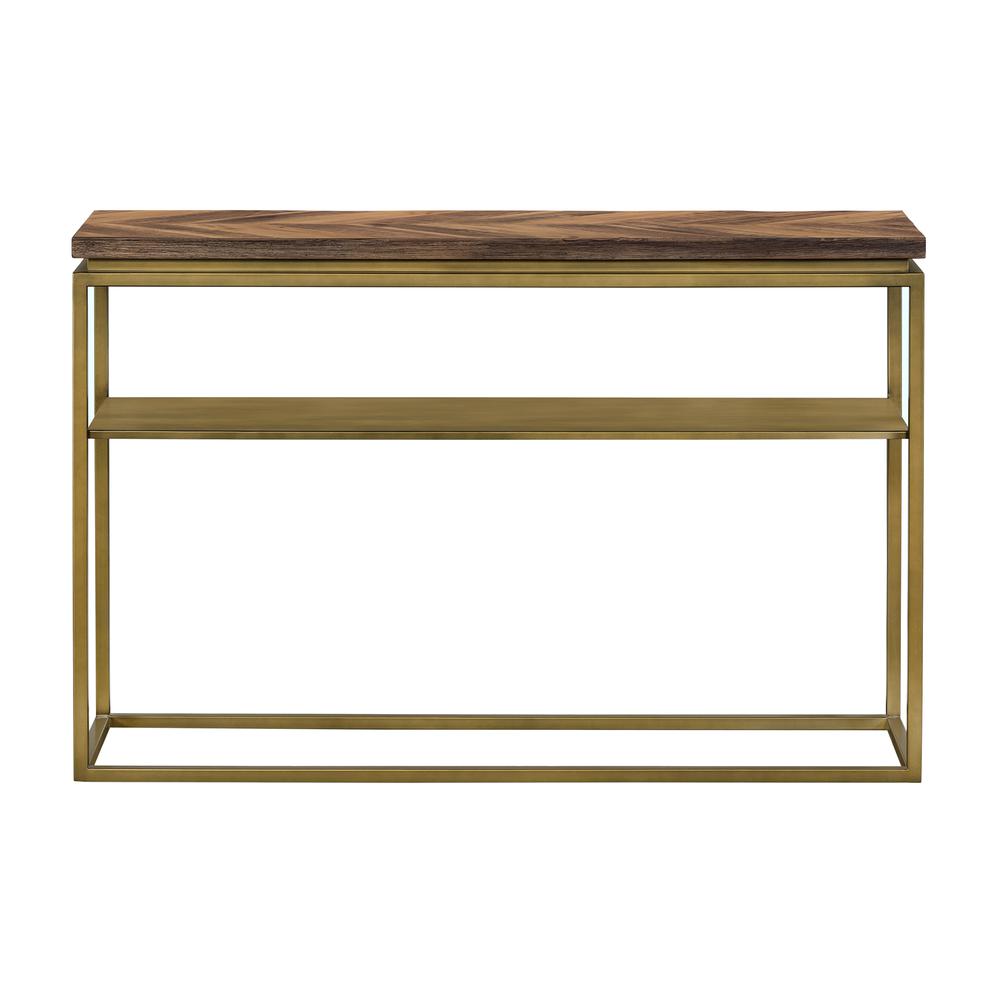 Faye Rustic Brown Wood Console Table with Shelf and Antique Brass Metal Base, Rustic. Picture 1