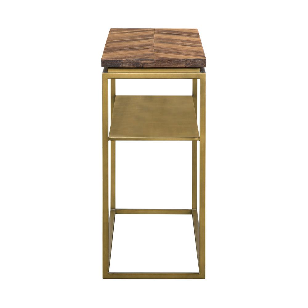 Faye Rustic Brown Wood Console Table with Shelf and Antique Brass Metal Base, Rustic. Picture 2