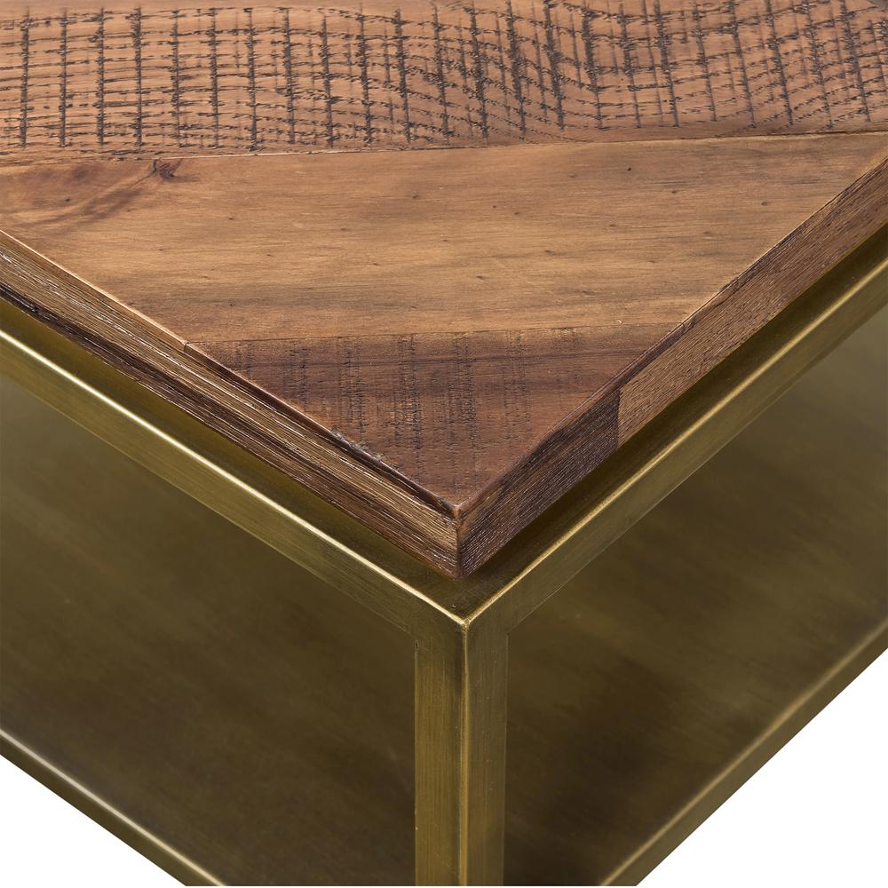 Faye Rustic Brown Wood Console Table with Shelf and Antique Brass Metal Base, Rustic. Picture 3