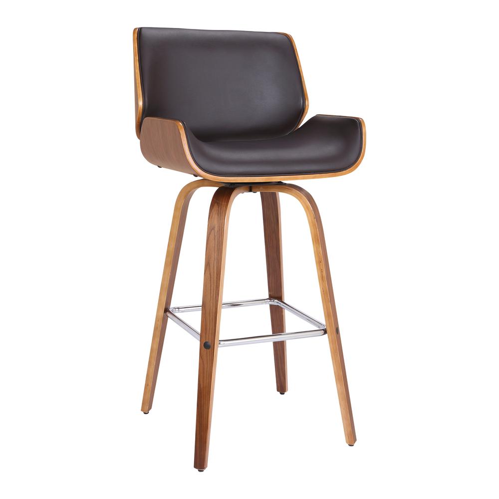 Armen Living Tyler 26" Mid-Century Swivel Counter Height Barstool in Brown Faux Leather with Walnut Veneer. Picture 1