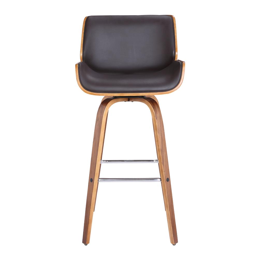 Armen Living Tyler 26" Mid-Century Swivel Counter Height Barstool in Brown Faux Leather with Walnut Veneer. Picture 2