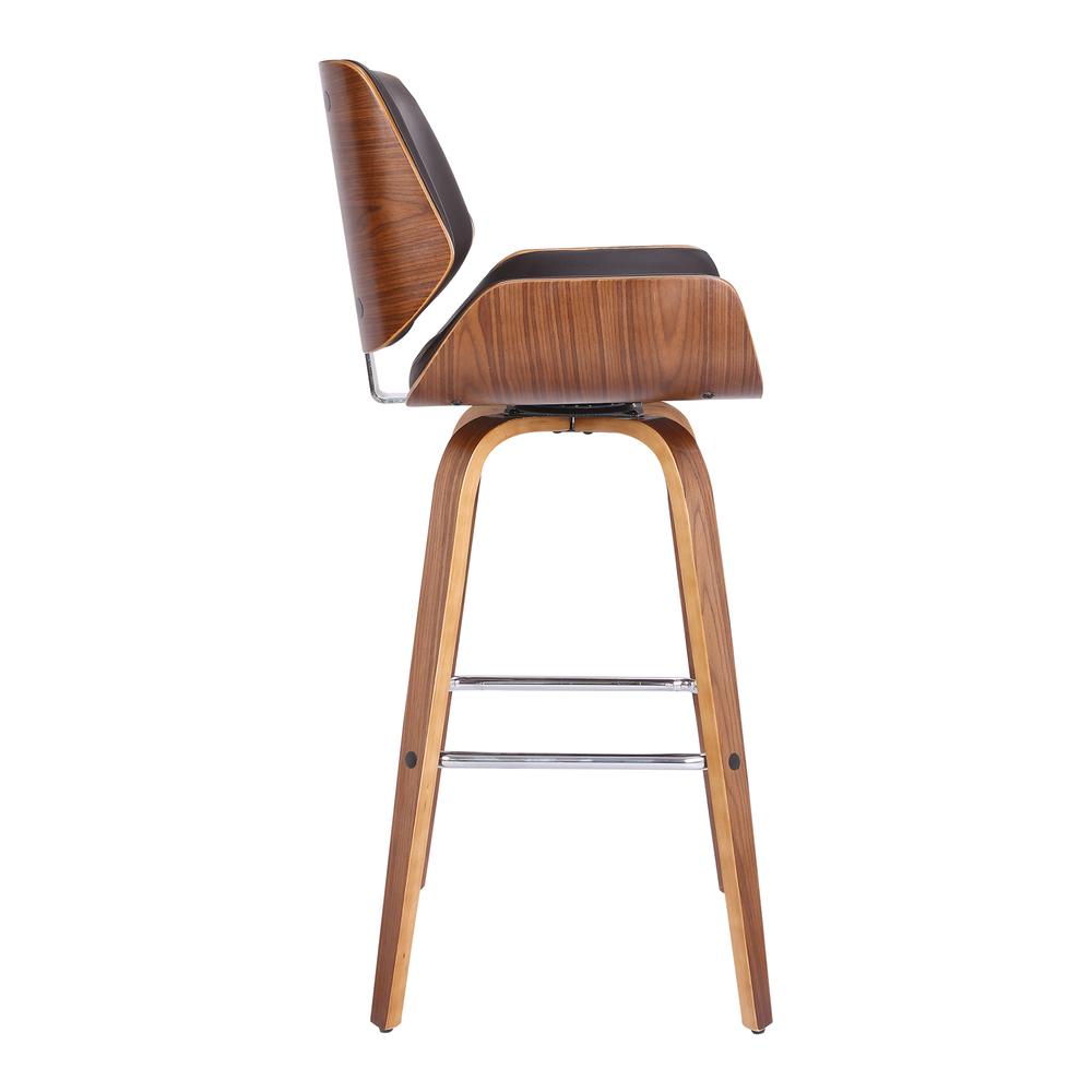 Armen Living Tyler 26" Mid-Century Swivel Counter Height Barstool in Brown Faux Leather with Walnut Veneer. Picture 3