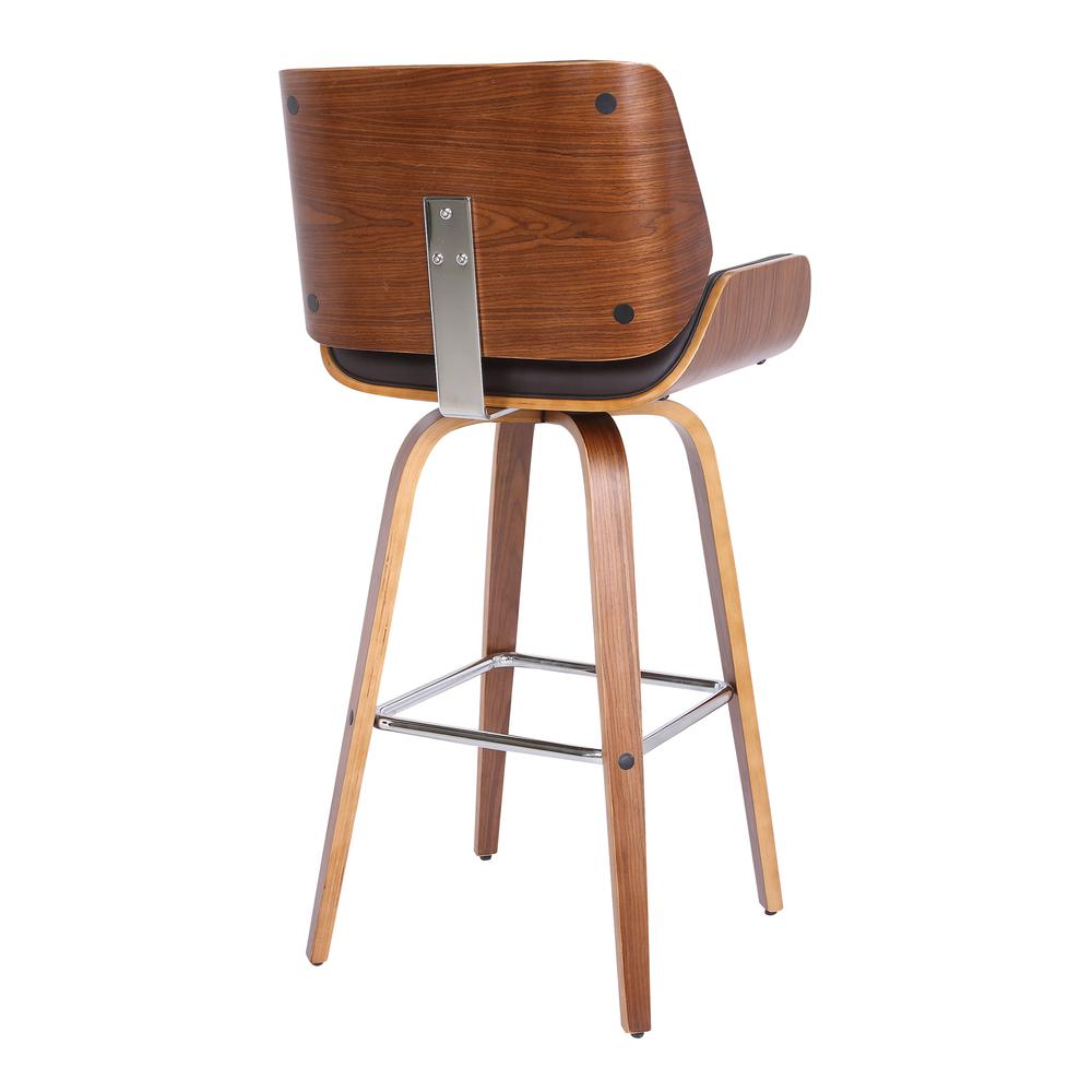 Armen Living Tyler 26" Mid-Century Swivel Counter Height Barstool in Brown Faux Leather with Walnut Veneer. Picture 4