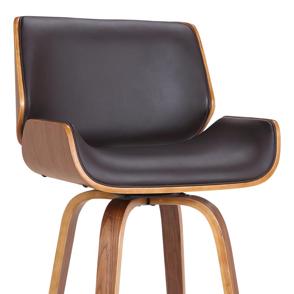 Armen Living Tyler 26" Mid-Century Swivel Counter Height Barstool in Brown Faux Leather with Walnut Veneer. Picture 5