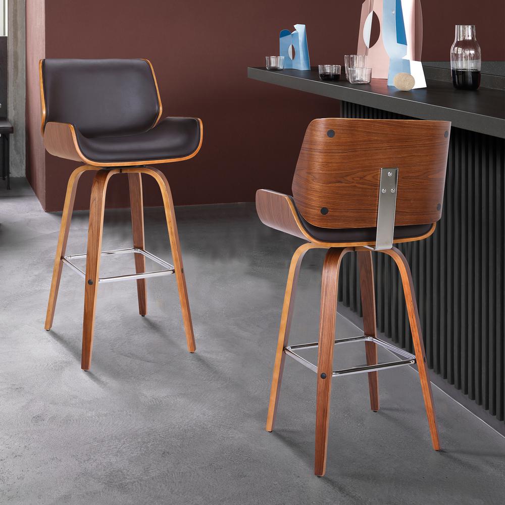 26" Mid-Century Swivel Counter Height Barstool in Brown Faux Leather - Walnut Veneer. Picture 9