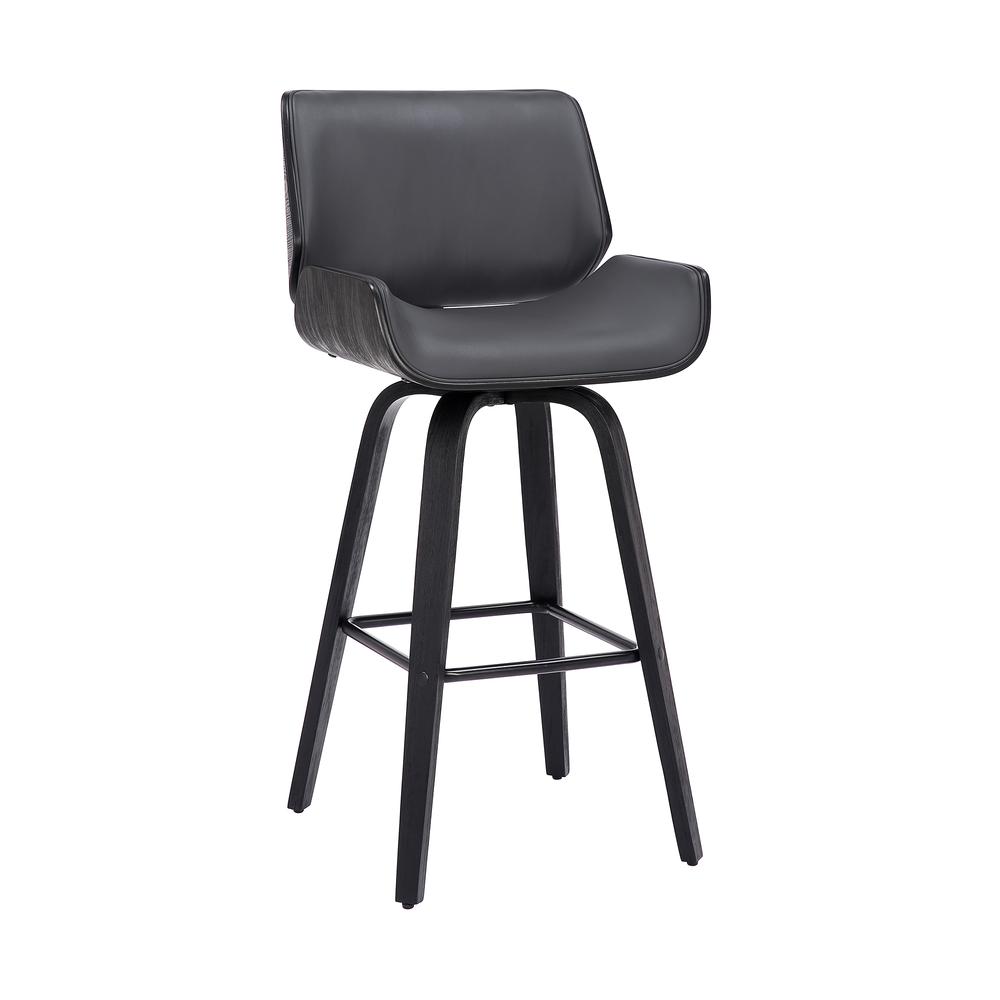 Tyler 26" Counter Height Swivel Grey Faux Leather and Black Wood Bar Stool. Picture 1