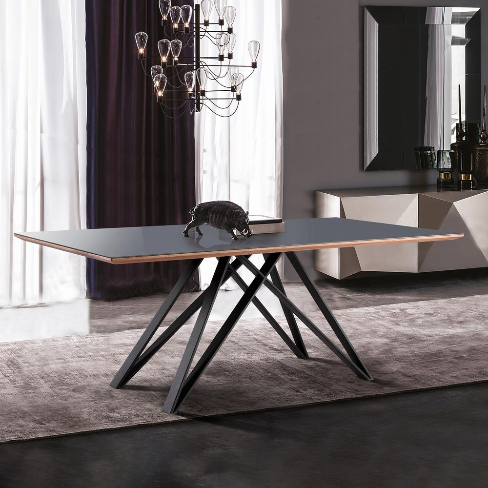 Mid-Century Dining Table in Matte Black Finish with Walnut and Dark Gray Glass Top. Picture 7