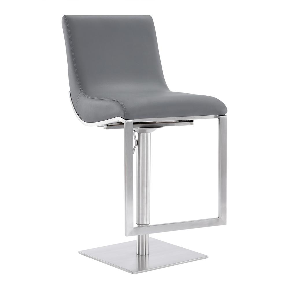 Contemporary Swivel Barstool in Brushed Stainless Steel and Grey Faux Leather. Picture 1