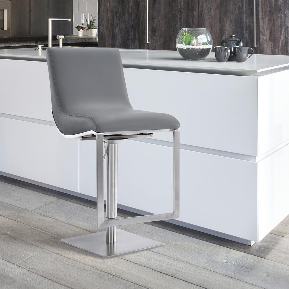 Contemporary Swivel Barstool in Brushed Stainless Steel and Grey Faux Leather. Picture 8