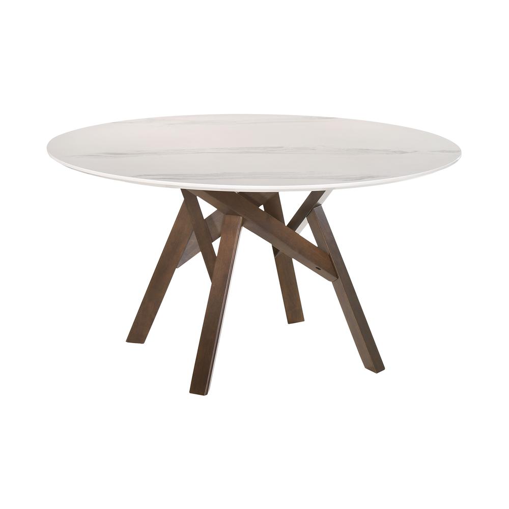 Venus 54" Round Mid-Century Modern White Marble Dining Table with Walnut Wood Legs. Picture 1